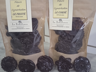 fleurs en chocolat 72 % cacao le fruité avec inclusion de cuir de fruit CYNORHODON