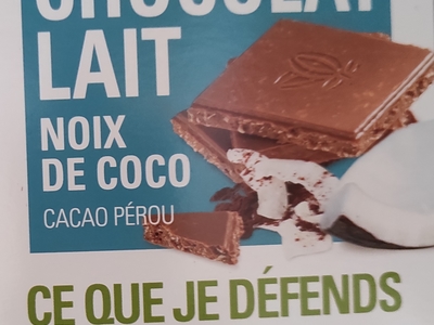 Tablette de chocolat lait NOIX DE COCO 100g commerce équitable